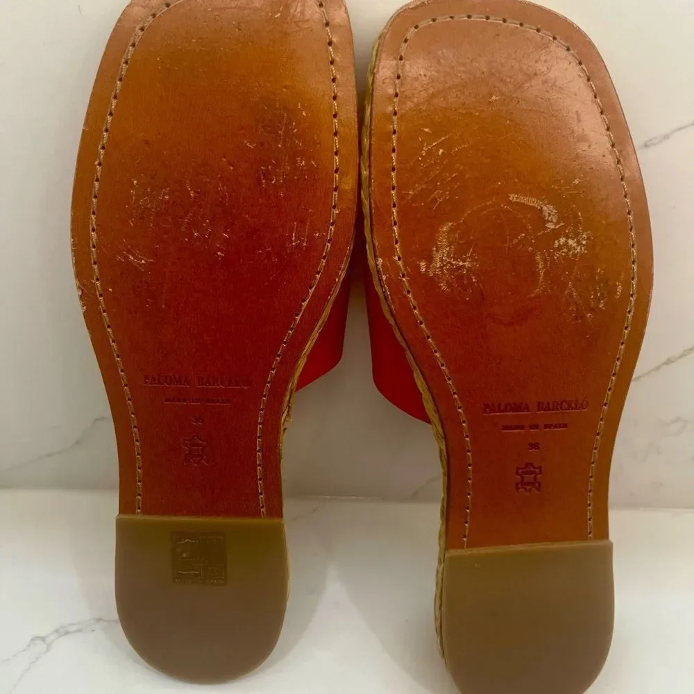 Paloma Barceló Coral/Orange Leather Espadrille Slide Sandals Made in Spain EU 36
